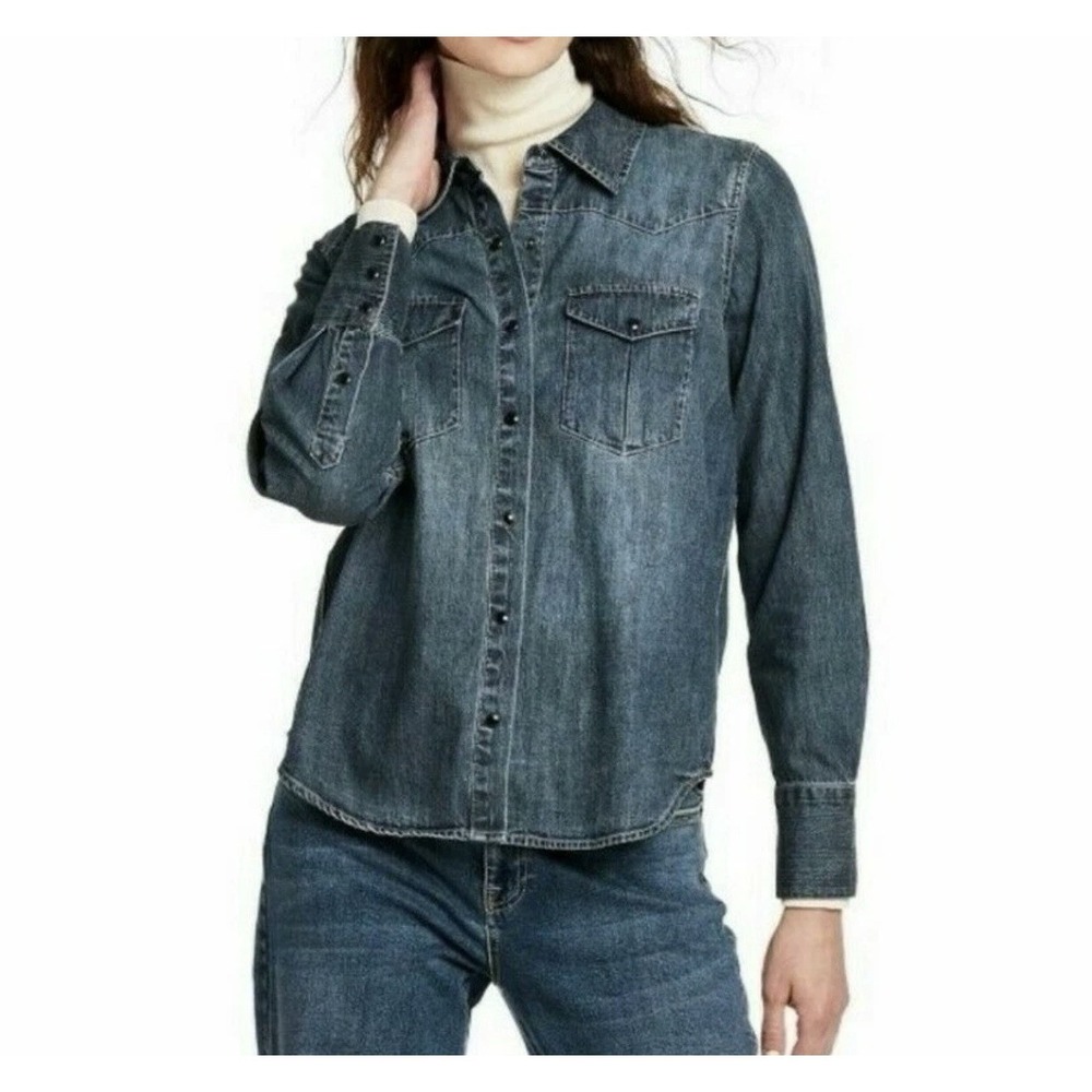Nili Lotan x Target Shirt Top Women's 3X Snap Button Long Sleeve Denim Blue